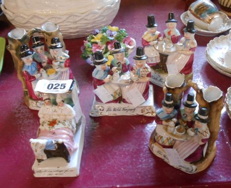 Four German porcelain 'Welsh Tea Party' fairings - sold with another similar and a Royal Adderley flower encrusted ornament