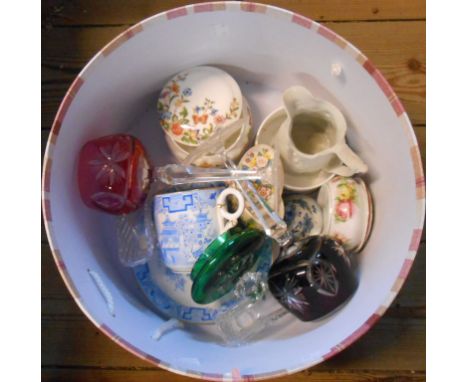 A cardboard hat box containing a quantity of assorted ceramic and glass including cased hock glasses, etc.