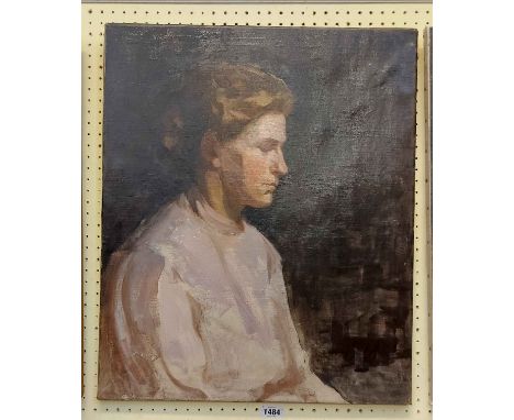 M.A. Staddon: an unframed stretchered oil on canvas profile portrait of a seated woman - inscribed verso and with Newlyn Orio