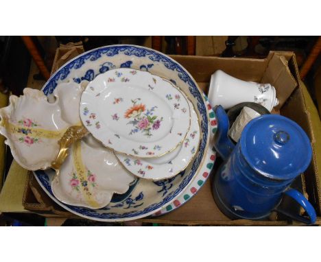 A box containing a quantity of assorted ceramic and other collectable items including a blue and white transfer printed toile
