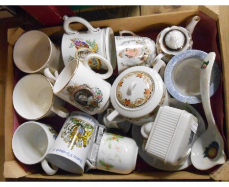 A box containing a quantity of assorted ceramic items including Carltonware ladle, etc.