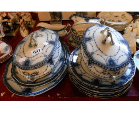 A part dinner set with flow-blue transfer-print decoration including vegetable tureen, plate, etc. - various condition