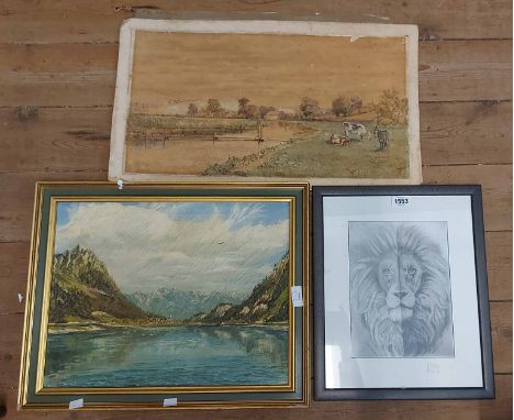 †J. Bishop: a gilt framed oil on canvas, depicting a continental mountain lake view - signed and dated '71 - sold with a lion