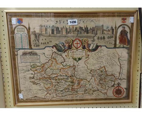 John Speed: a gilt framed antique hand coloured map print entitled 'Berkshire Described' being pages 27 and 28 from his Geogr