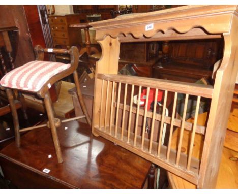 A 72cm pine wall mounted plate rack with shelf and stick dividers - sold with a small early 20th Century stained wood stool w