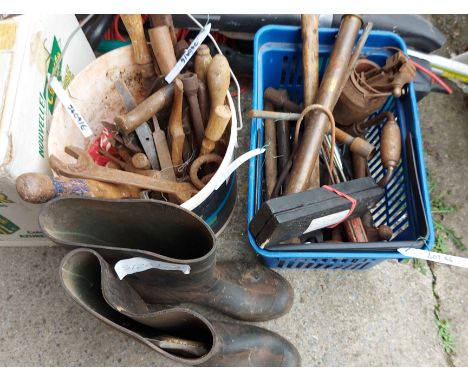 A bucket and blue crate containing a quantity of old tools including sharpening stone, spanners, etc. - sold with a pair of W