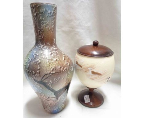 A wooden mounted Ostrich egg lidded chalice with painted decoration - sold with a ceramic vase with Neolithic style decoratio