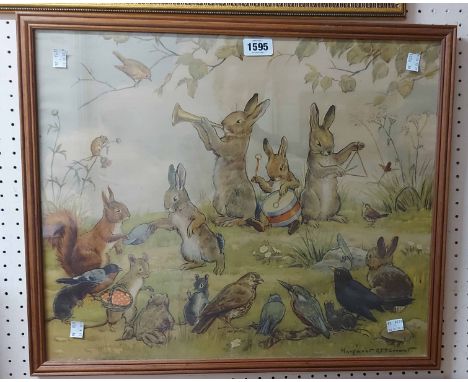 †Margaret Tarrant: a pine framed vintage coloured nursery print, depicting rabbits busking and various other animals watching