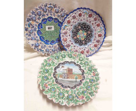 Three vintage Middle Eastern enamel decorated metal plates
