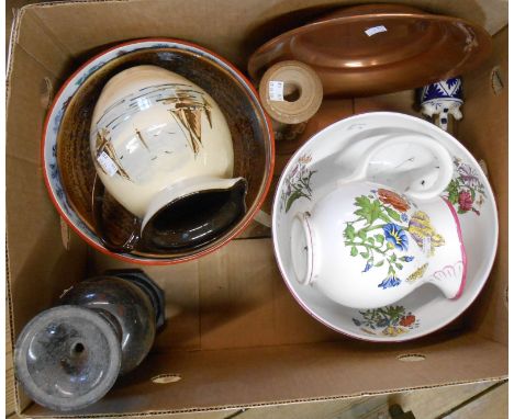 A box containing a quantity of ceramic and other collectable items including Portuguese pottery jug and bowl, red serpentine 