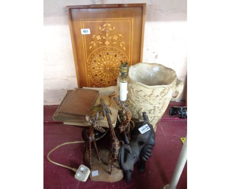 A quantity of assorted collectable items including wood elephant, turned wood bowl, lamp, etc.