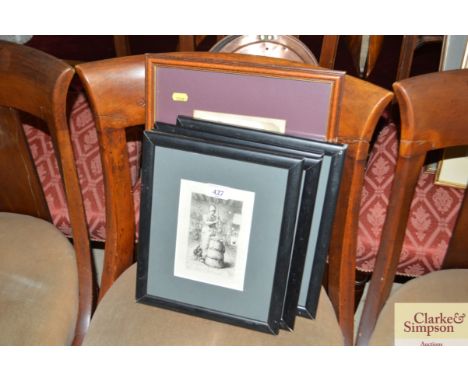 Four black and white prints and a coloured print