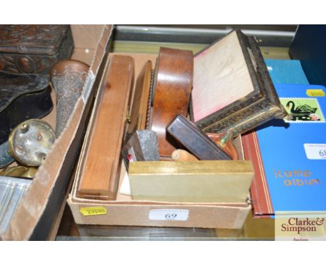 A box containing walnut cased mantel timepiece, papier mâché snuff box; folding wooden and brass mounted rule etc.