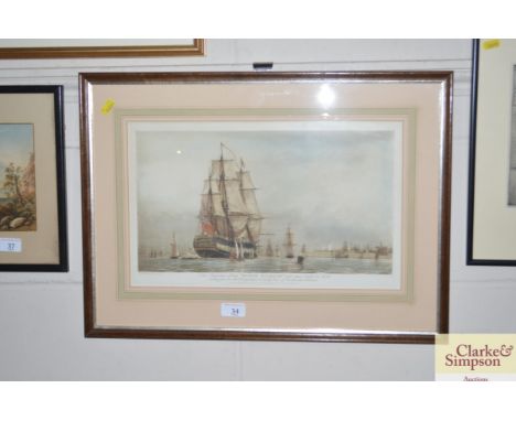 A framed and glazed print "His Majesty's Ship Royal William, sailing past the old fortifications and sally port of Portsmouth