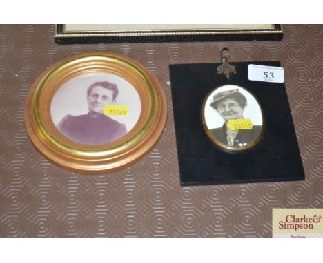 A miniature portrait photograph in ebonised and brass mounted frame and another 