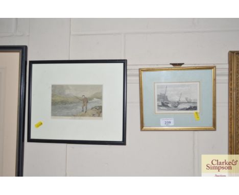 A coloured print "Trout Fishing At Arran"; and another print of fishing boats unloading the catch