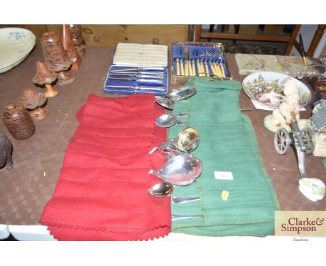 A collection of R Wilson and other spot hammered decorated cutlery; various plated ware etc.