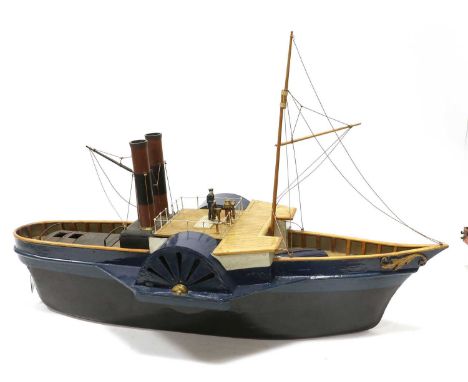 Live Steam Model Paddle Steamer freelance, with fore mast, twin funnels and figure on bridge, heavily built with boiler in re