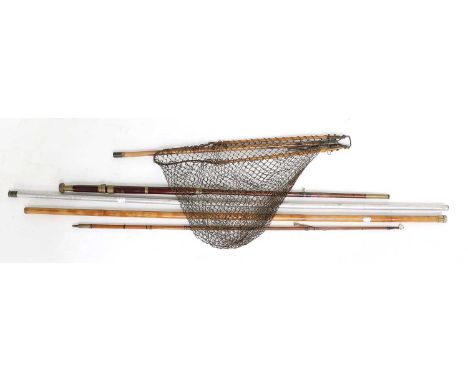 A Collection of Various Fishing items comprising of a vintage landing net with bamboo shaft, a bamboo tip tube, a whole bambo