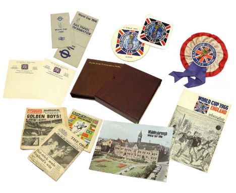 1966 World Cup Related Items Jules Rimet Rosette, Cloth patch, Copale track suit advertising stand, two sheets headed letter 