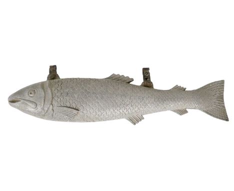 A Cast Alloy Fish Sign approx. 36" long with mounting brackets.36 x 7 1/2 x 5" 92x19x13cm; 4.55kg; item is intact without str