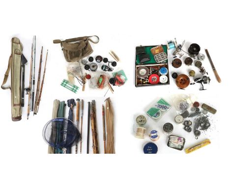 An Assortment of Various Fishing Items to include various rods and rod parts, a landing net, an Efgeeco rod bag, a Galion spi