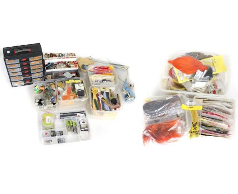 A Large Quantity of Flytying Materials housed in several plastic storage containers along with some tools and a magnifying la