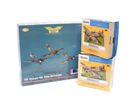 Corgi Aviation Archive 1:72 Scale AA99189 70 Years Of The Spitfire 3 Piece Set together with 50th Anniversary Sets AN31919 Su