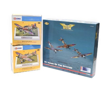 Corgi Aviation Archive 1:72 Scale AA99189 70 Years Of The Spitfire 3 Piece Set together with 50th Anniversary Sets AN31919 Su