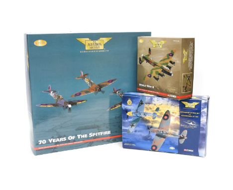 Corgi Aviation Archive 1:72 Scale AA99189 70 Years Of The Spitfire 3 Piece Set together with 49505 Battle of Britain Spitfire