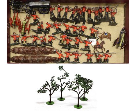 Heyde (?) 48mm British Red Coat Infantry  34 assorted figures together with 3 cannons, two earth works and trees; also includ