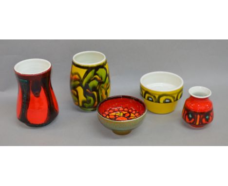 5 Poole Pottery vases of varying sizes and forms, all with Doplphin stamp to bases and varying artist signatures.