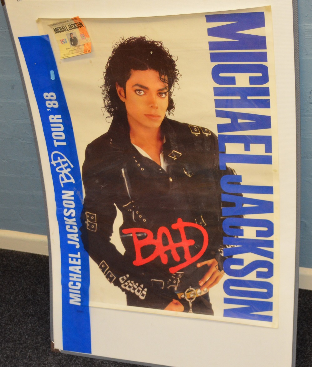 Michael Jackson BAD poster 61cm x 85cm, together with a BAD tour banner ...