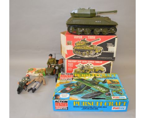 Quantity of assorted Action Man items including Pursuit Craft, Cherilea vehicles and dolls together with an Airfix modern bri