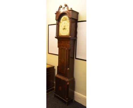 An impressive 19th century inlaid mahogany long case clock with swan-neck pediment. With weights and pendulum, WITH KEY. Heig