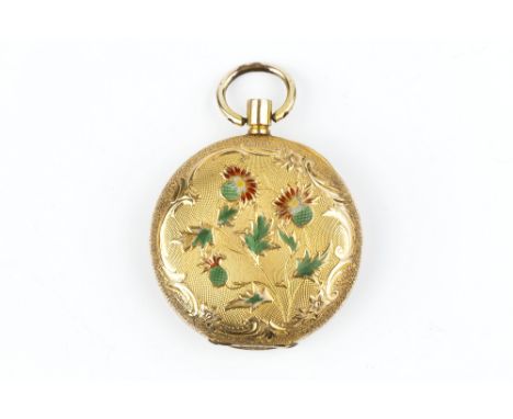 AN ENAMEL HUNTER FOB WATCH, the circular dial with Roman numerals, to a keyless wind movement, the floral and foliate scroll 