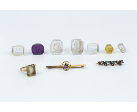 A GEM SET INSECT BAR BROOCH, stamped '9', together with a citrine single stone dress ring, 9ct gold mounted, a further bar br