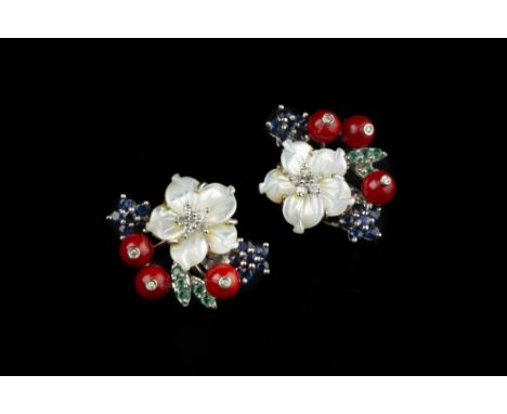 A COLLECTION OF JEWELLERY, to include a pair of diamond and vari gem-set ear clips, modelled as a spray of flowerheads and fr