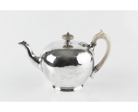 A MID VICTORIAN SILVER GLOBULAR TEAPOT, with engraved decoration, and  having ivory handle and knop, by John Samuel Hunt, and