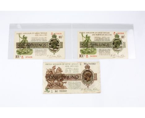 UNITED KINGDOM TREASURY NOTES, N F Warren Fisher, comprising two 10 Shillings notes, K/95 571626 and W/52 363394, and a One P