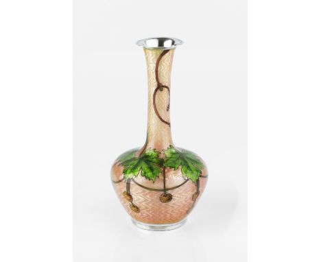 AN EDWARDIAN SILVER AND ENAMEL BALUSTER SMALL VASE, the pale pink guilloche enamel ground decorated with stylised leaves and 