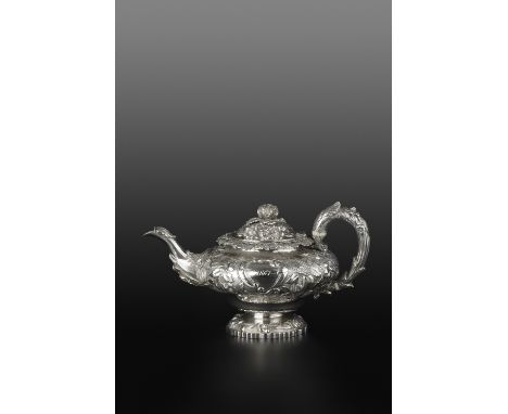 A GEORGE IV SILVER TEAPOT, of compressed globular form, embossed and chased with flowering foliage, with vine leaf border, an