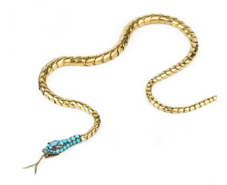 A VICTORIAN GEM SET SERPENT NECKLACE, designed as an articulated serpent, the head pavé set with graduated cabochon turquoise