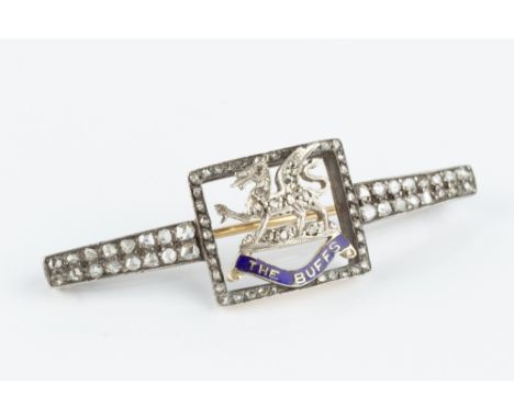 A DIAMOND AND ENAMEL REGIMENTAL BAR BROOCH, for the Buffs Royal East Kent Regiment, highlighted with channels of rose-cut dia