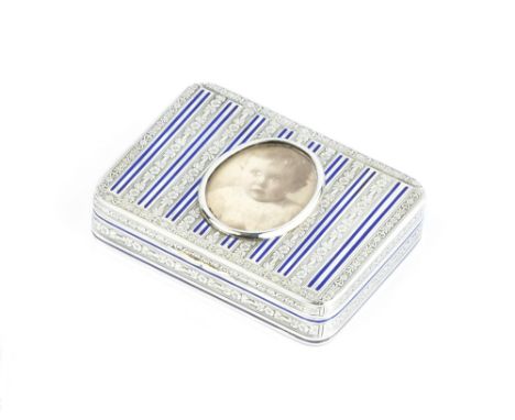 A 19TH CENTURY CONTINENTAL SILVER RECTANGULAR BOX, decorated with alternating bands of flowers and blue enamel stripes, the l