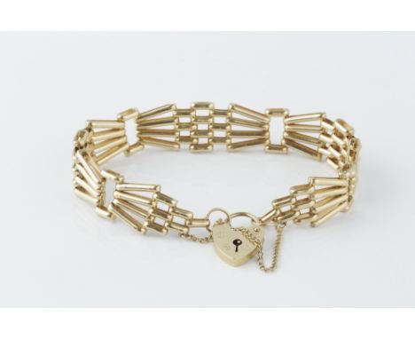 A 9CT GOLD GATE-LINK BRACELET, with padlock clasp, length 18cm