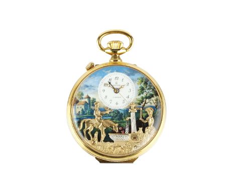 A GOLD PLATED OPEN FACE POCKET WATCH WITH MUSICAL AUTOMATON AND ALARM BY REUGE, the circular polychrome dial depicting a past