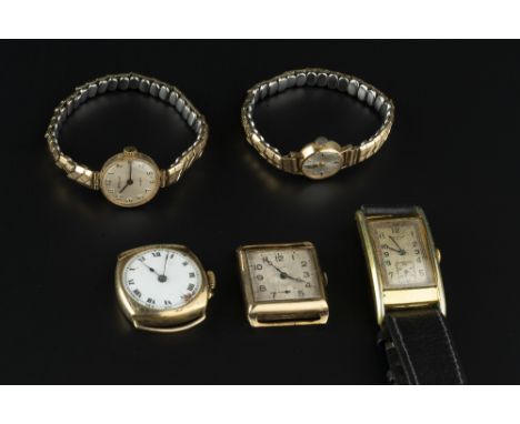 A COLLECTION OF WATCHES, comprising a 9ct gold cased watch head by Rone, the square silvered dial with Arabic numerals and su