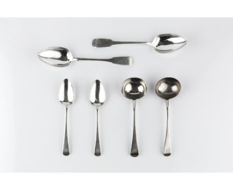 A PAIR OF GEORGE III SILVER FIDDLE PATTERN SAUCE LADLES, by Eley, Fearn &amp; Chawner, London 1809, a set of four George III 