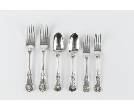 A PART SERVICE OF 19TH CENTURY SILVER KING'S PATTERN FLATWARE, comprising six table forks, six dessert forks and seven desser